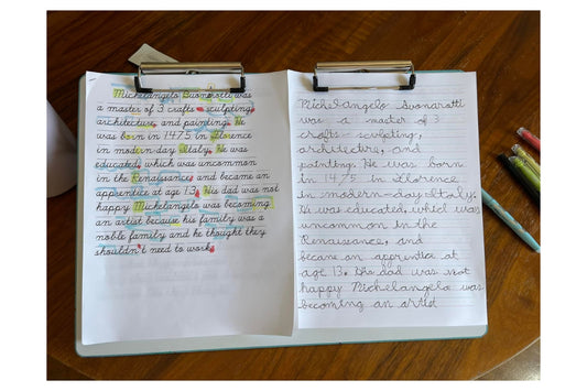 Copywork passage about Michelangelo with student writing in cursive