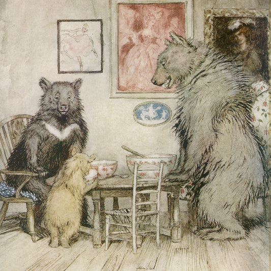 3 bears from Goldilocks at table sitting in chairs with bowls