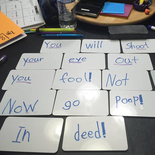 Dry erase cards with one word on each to demonstrate the vowel team /oo/, You will shoot your eye out you fool! Not cool! Now go poop! In deed!