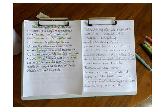 Copywork passage about Michelangelo with student writing in cursive