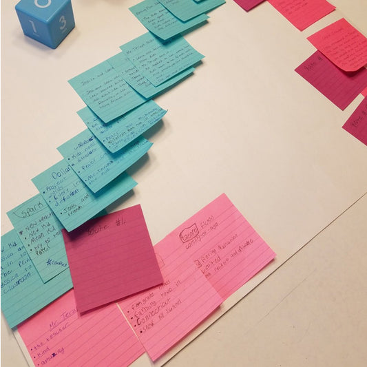 Plot arc created on blue and pink  post it notes with student writing